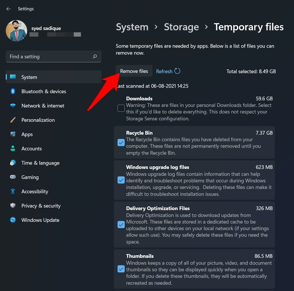 Elimina file temporanei in Windows 11 tramite pagina Impostazioni