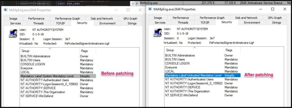 Modifikation der Token-Integrität des Defenders