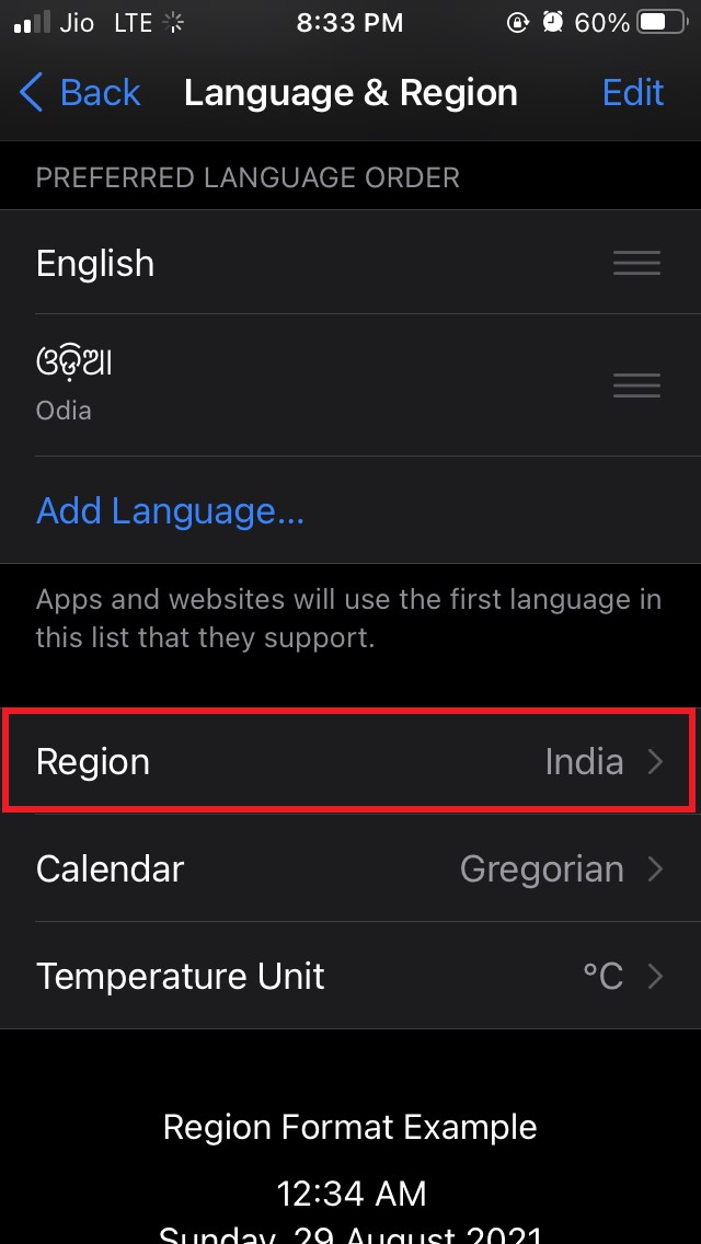 tippen Sie auf Region