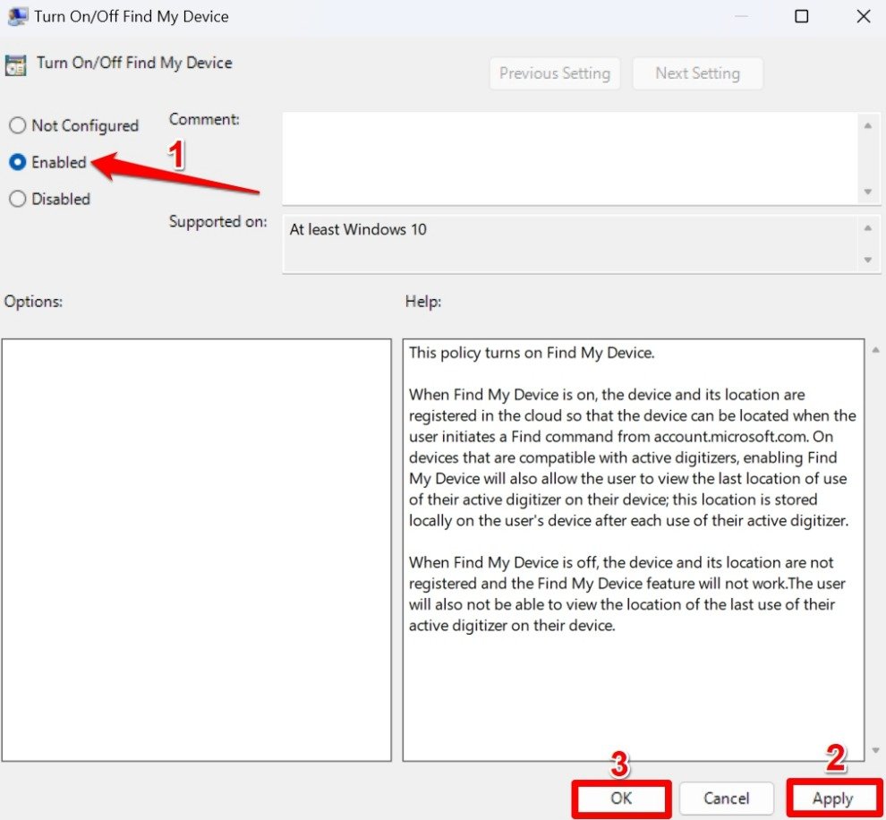 abilita trova il mio dispositivo utilizzando l'editor dei criteri di gruppo
