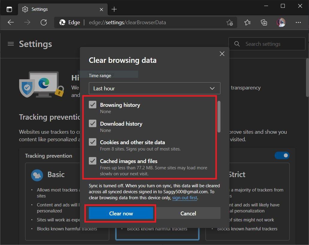Borrar datos, caché y cookies para Edge