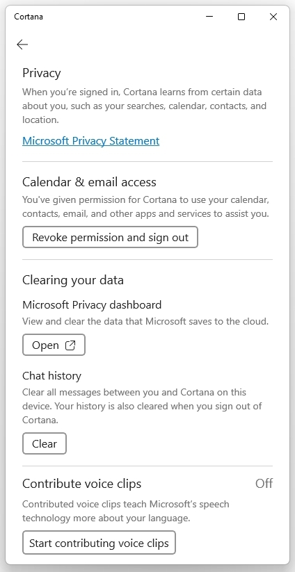 Cortana 개인 정보 보호 설정