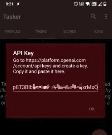 Fügen Sie den OpenAI-API-Schlüssel ein und klicken Sie auf die Schaltfläche OK