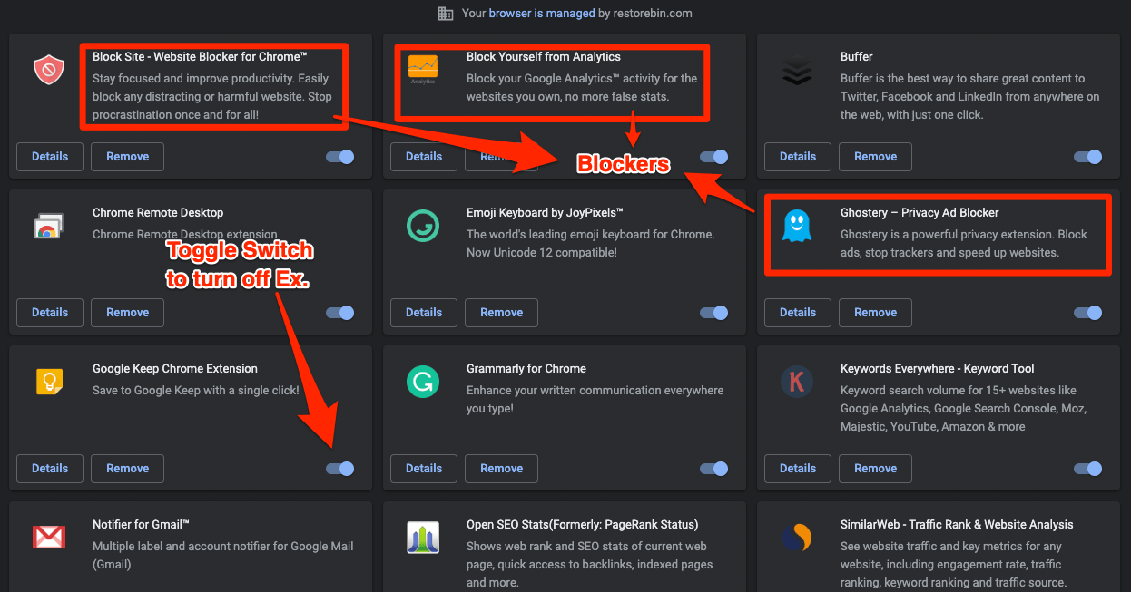 Interrupteur de désactivation des extensions Chrome et extension de bloqueurs
