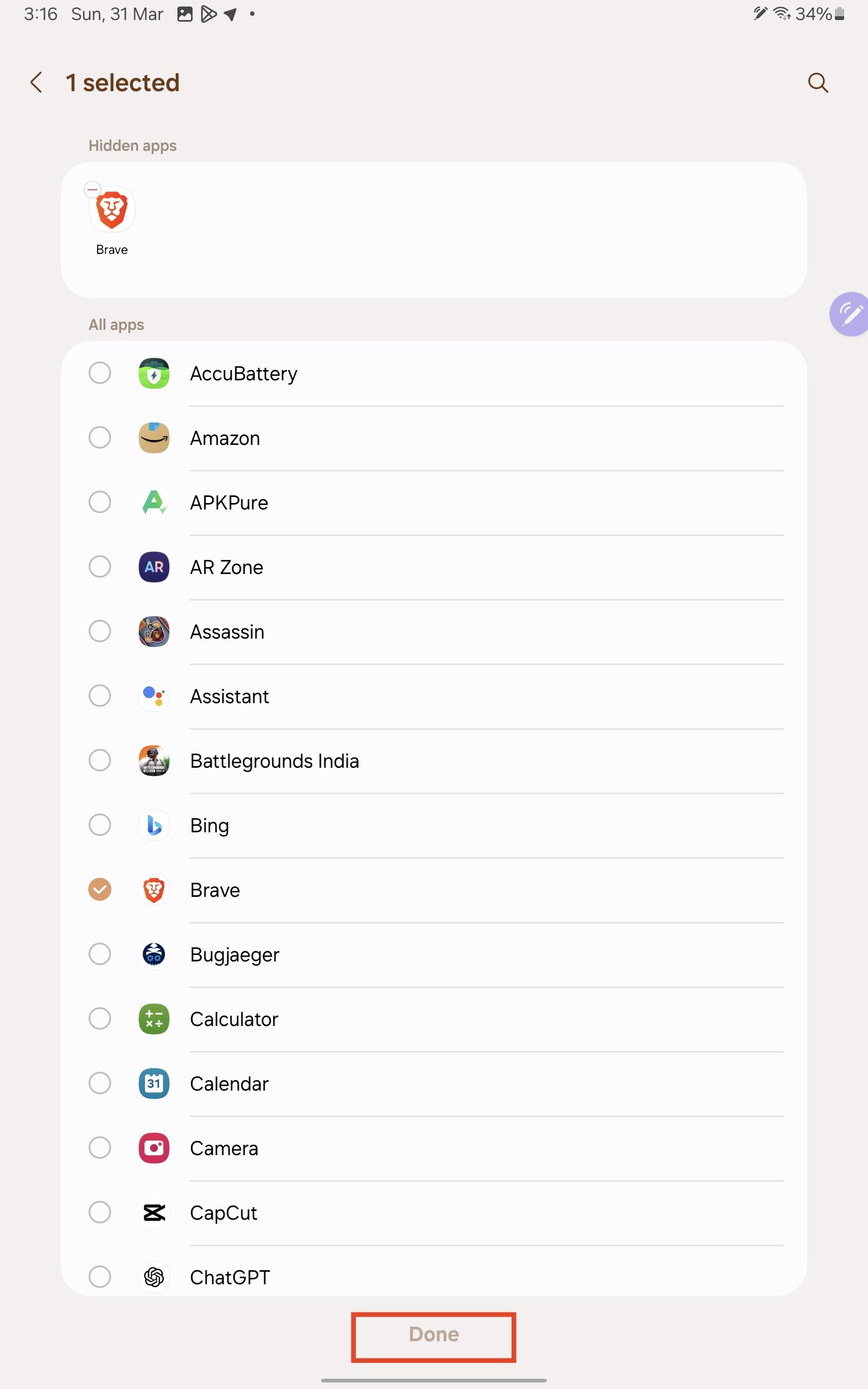 Apps verstecken und Fertig antippen