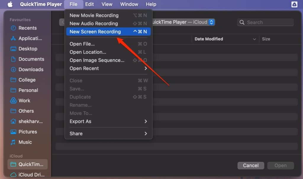 Nouvel enregistrement d'écran QuickTime Player