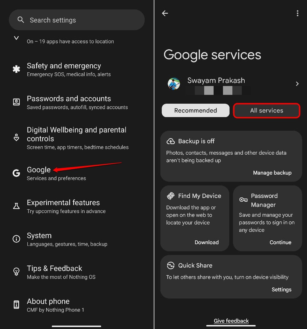 todas las servicios de cuenta de Google
