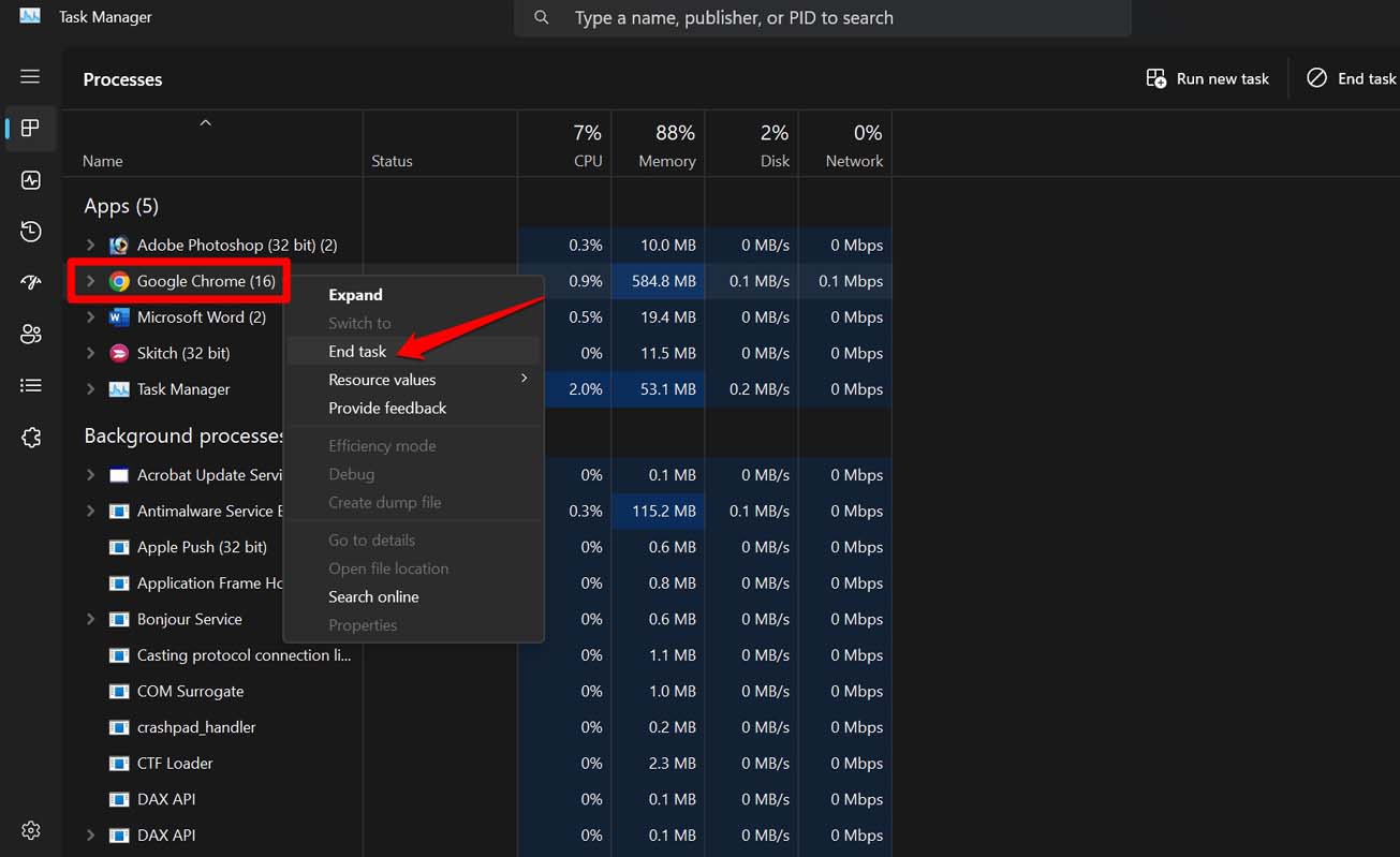 chiudi il browser dal task manager