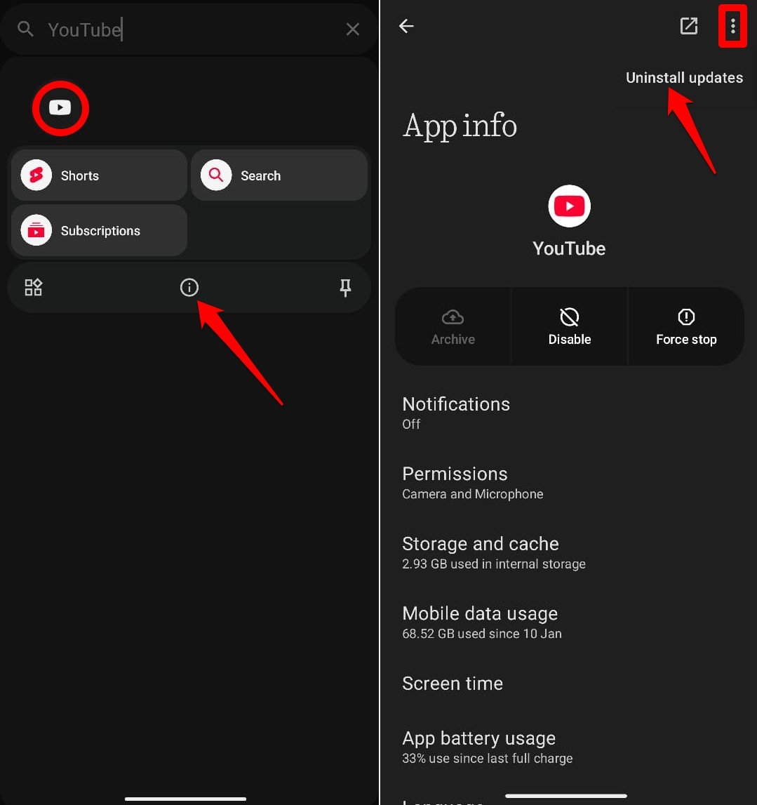 YouTube 앱 업데이트 제거하는 방법