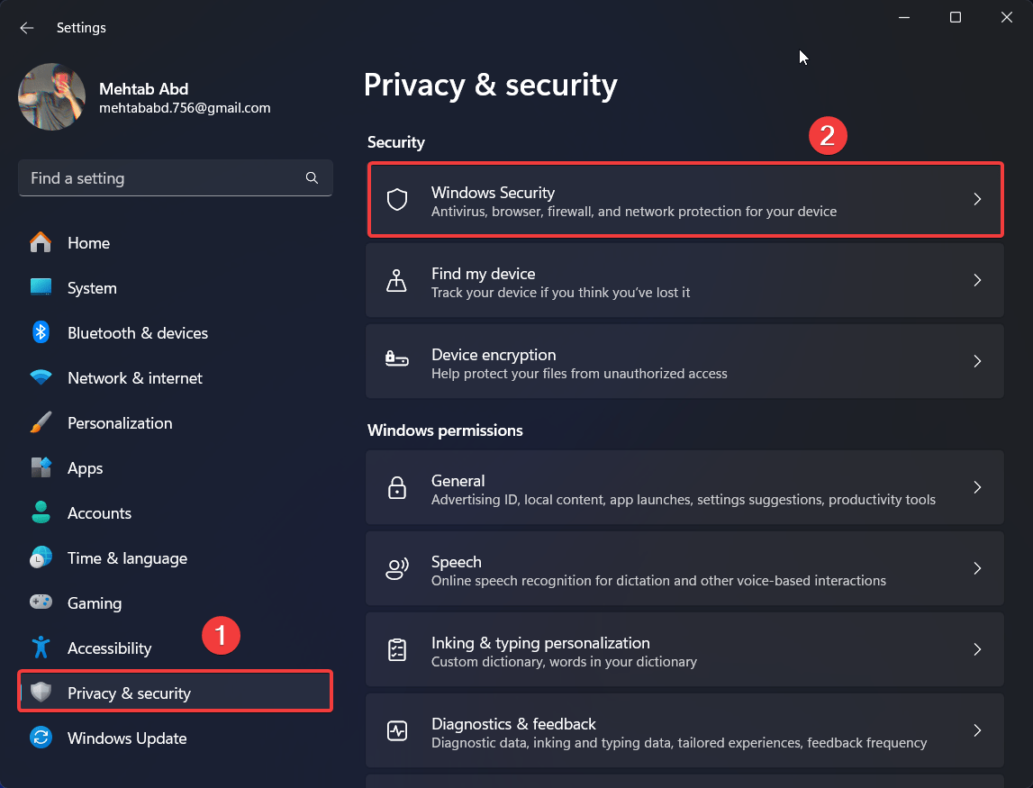 Gehe zu Datenschutz und Sicherheit, dann Windows-Sicherheit