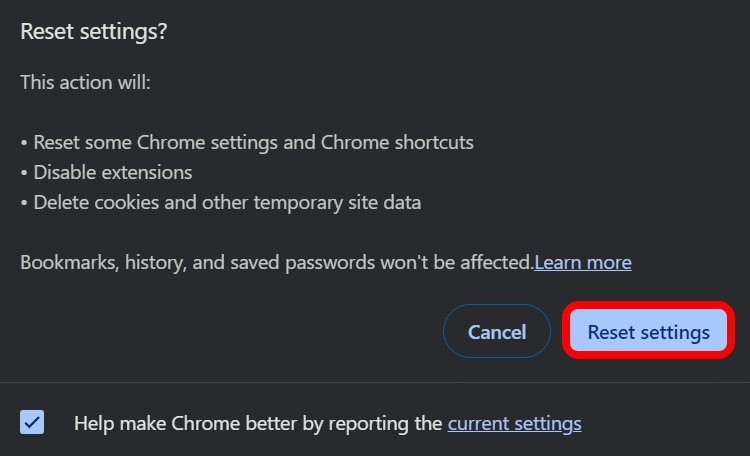 Bestätigen Sie das Zurücksetzen von Chrome