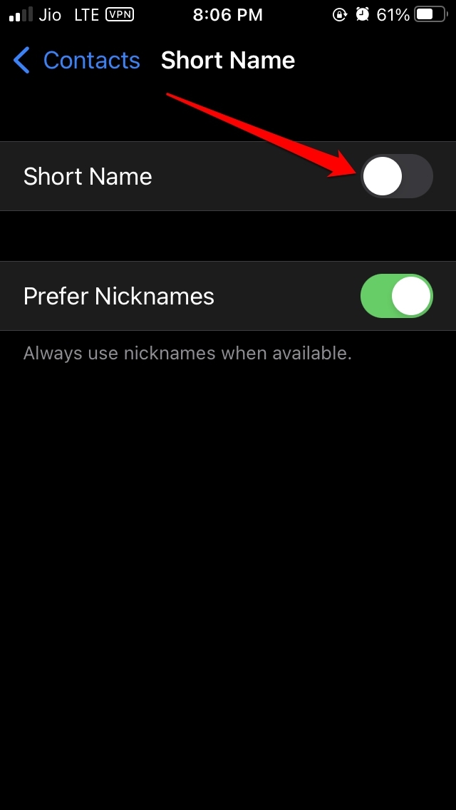 désactiver le nom court contacts iOS