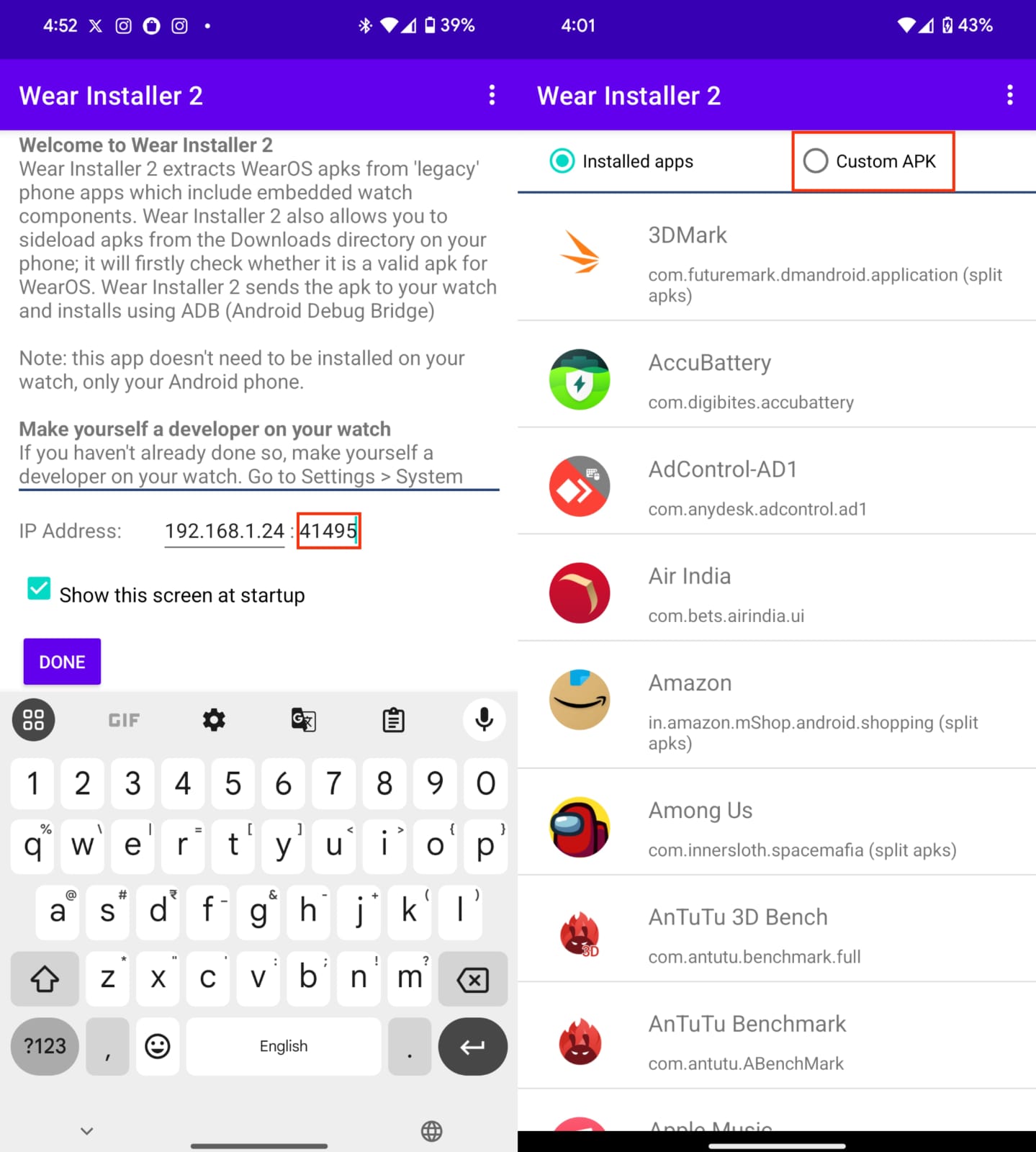 entrer le code du port et installer l'apk
