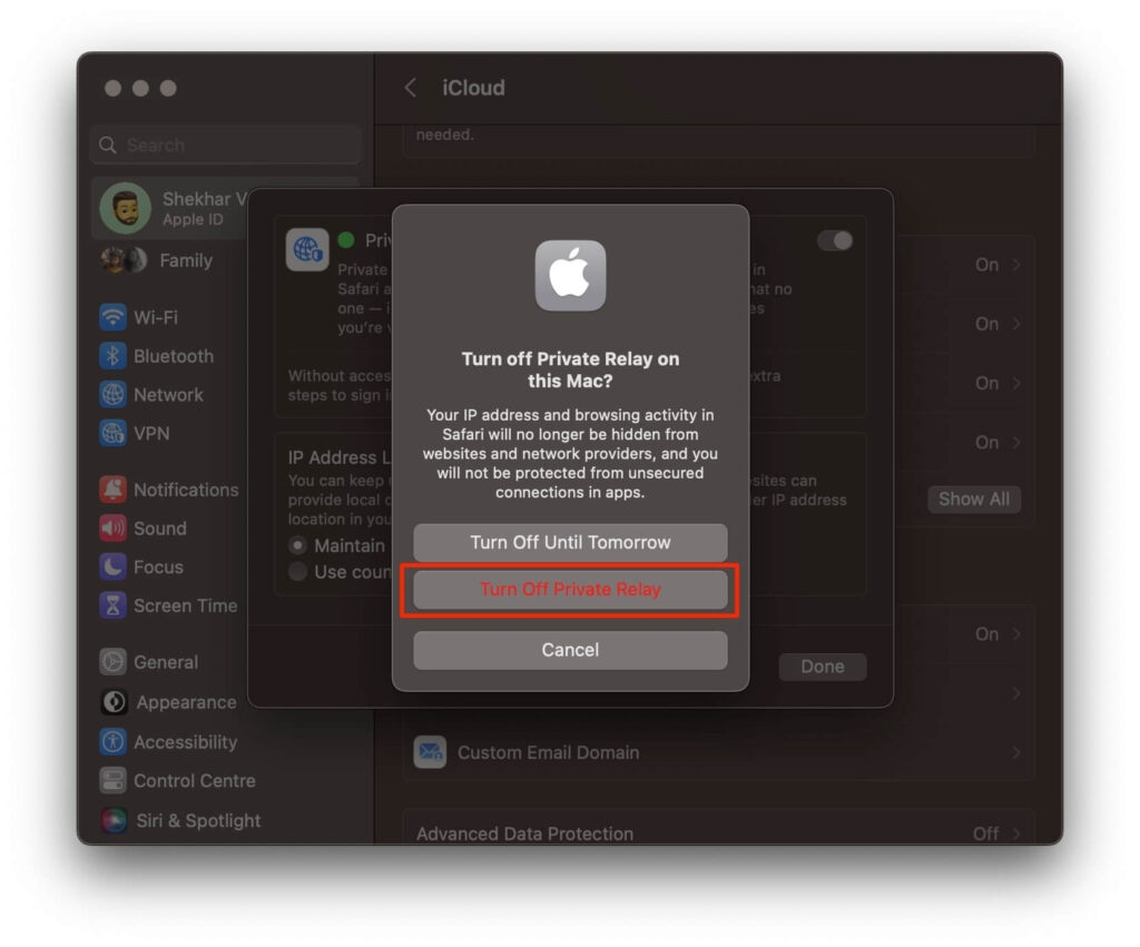 Désactiver le relais privé - Erreur Safari ne peut pas établir de connexion sécurisée
