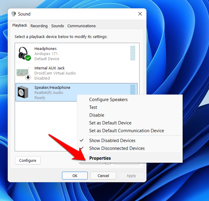 propiedades de reproducción windows 11