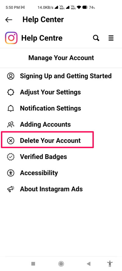 Elimina un account Instagram