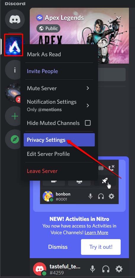 configuración de privacidad del servidor de discord