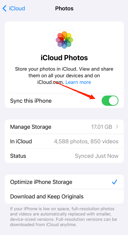 Aktivieren Sie hier die iCloud-Fotos-Option und warten Sie, bis der Sicherungsprozess abgeschlossen ist.