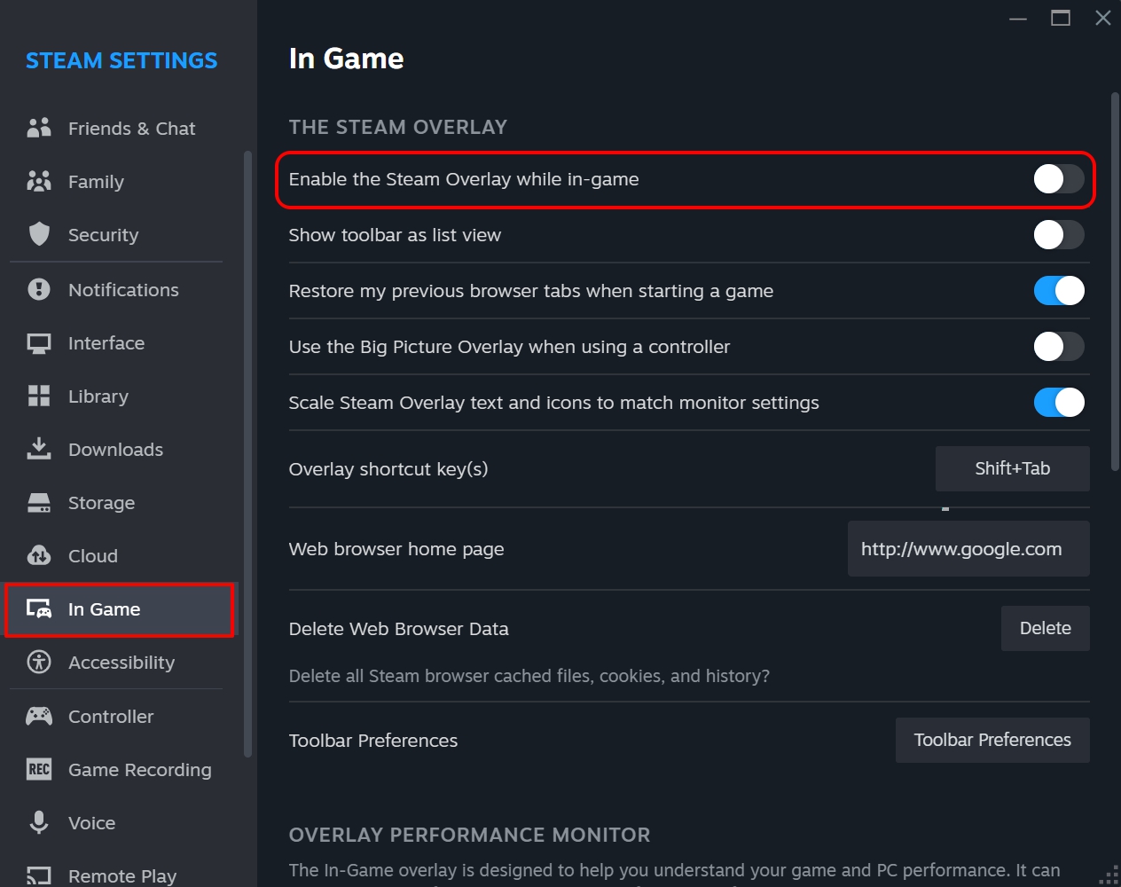 disattiva lo steam overlay