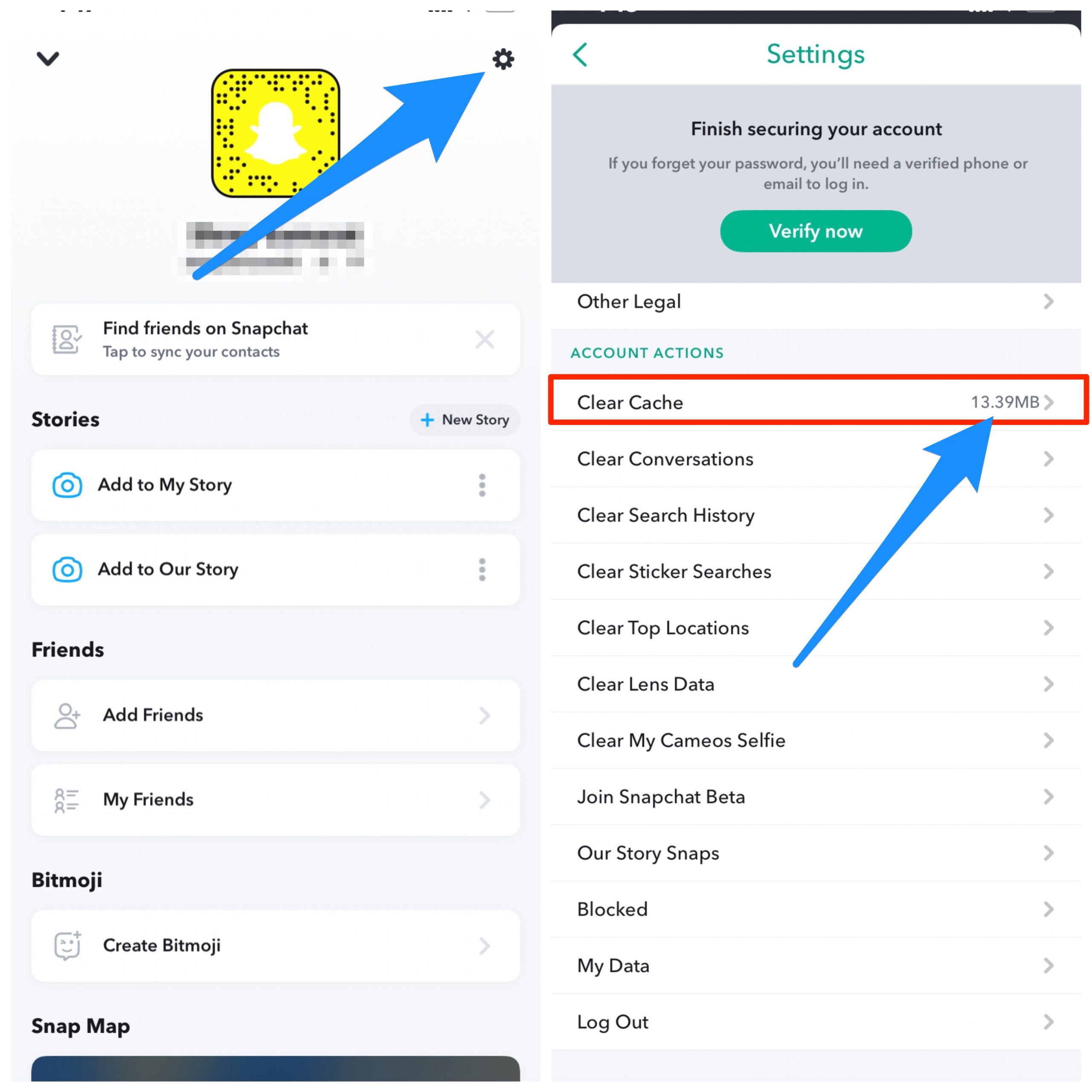 Snapchat iOSでキャッシュをクリアする
