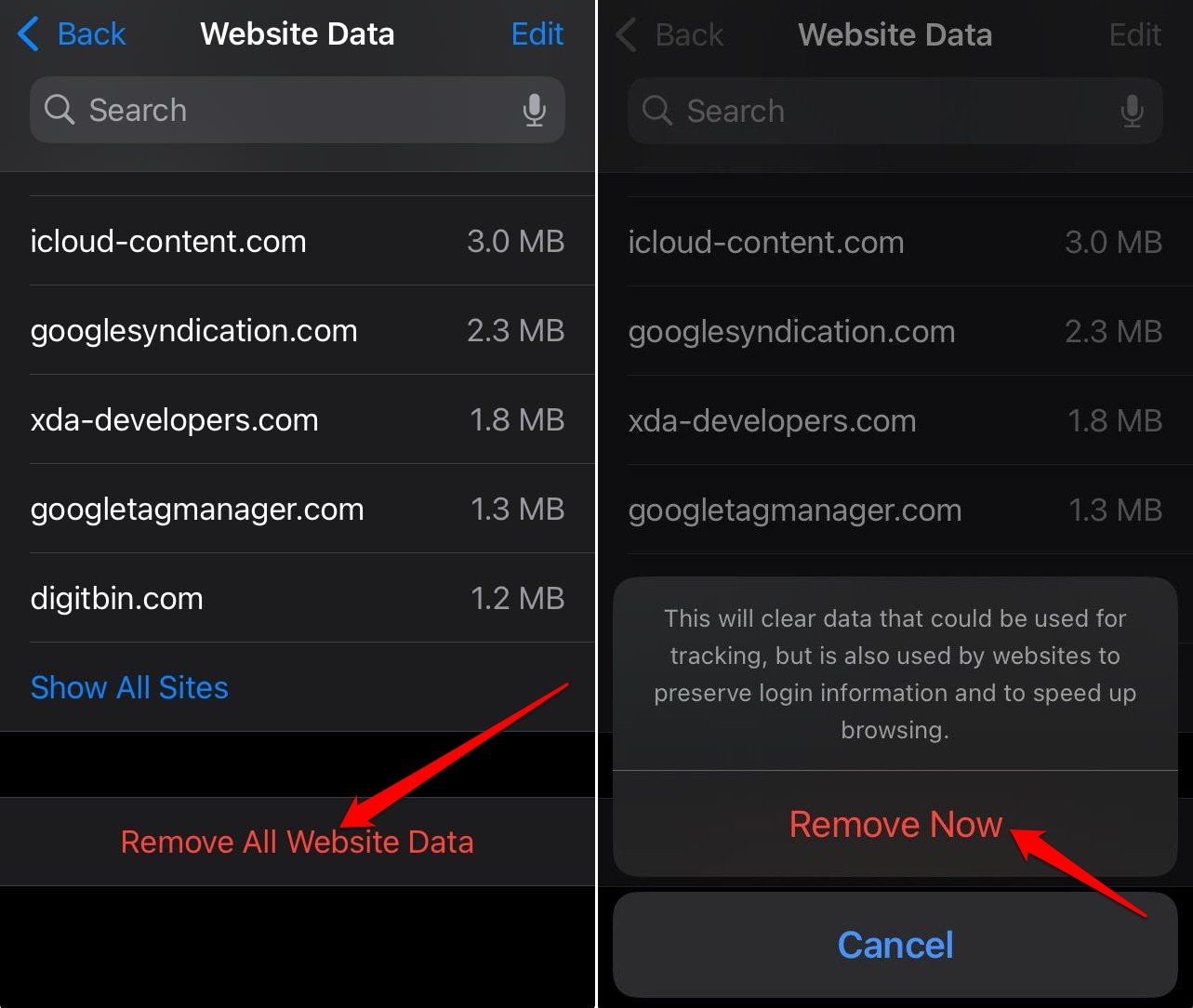 Supprimer toutes les données du site web Safari iOS