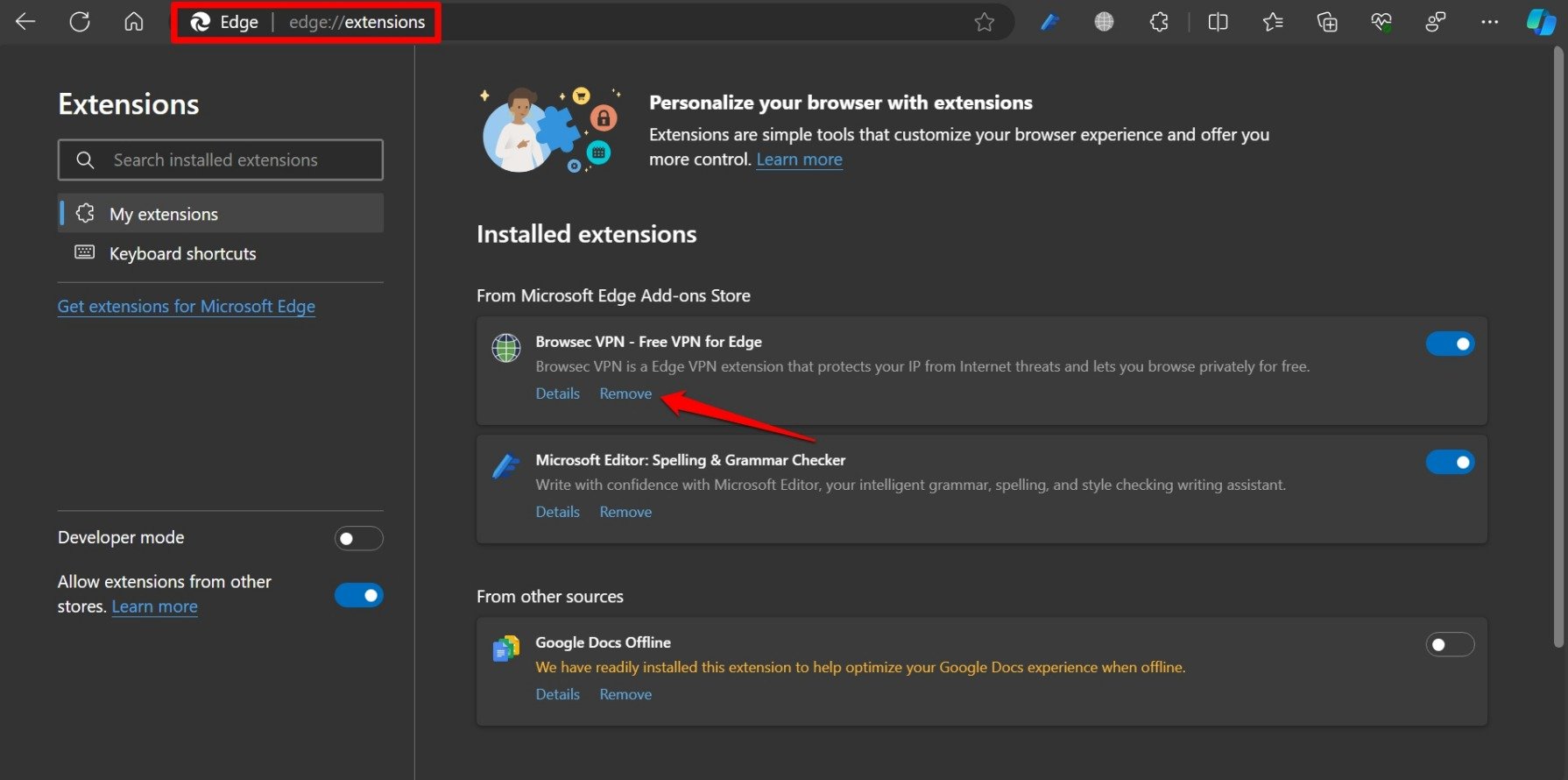 rimuovi le estensioni nel browser Edge