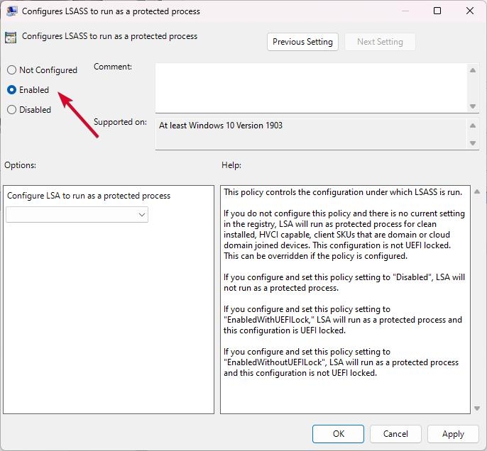 Configura LSASS per essere eseguito come processo protetto - La protezione dell'autorità di sicurezza locale è disattivata