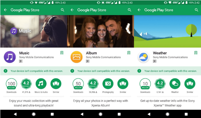 Messaggio di incompatibilità delle app Sony