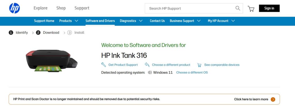 Comment installer le pilote HP Ink Tank 316 sur Windows